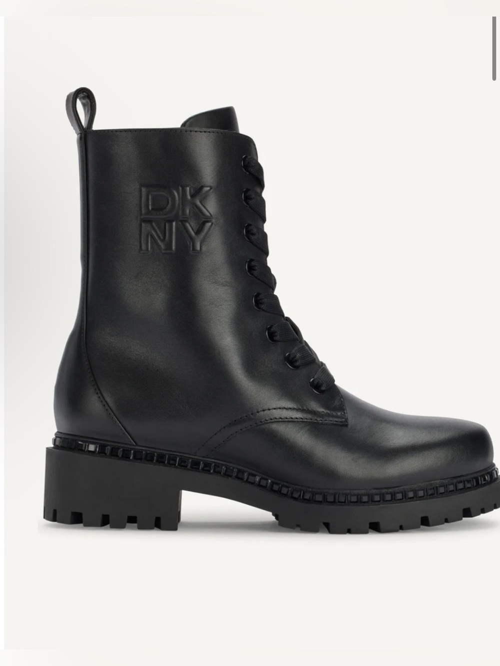 NEW DKNY Rommily Black Leather Lace-Up Lug Sole Ankle Boots